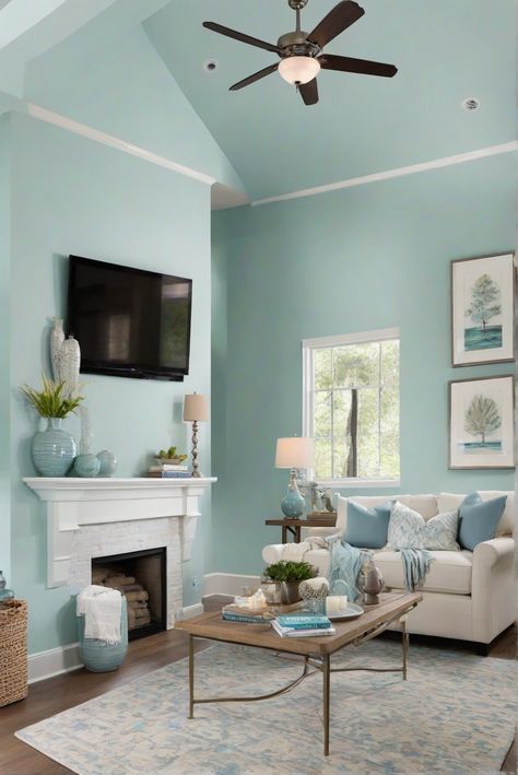 Dive into the calming blue tones of Tidewater (SW 6477) for a refreshing 2024 interior update. Explore daily routines and decor tips for a stylish home transformation. #Ad #homedecor #homedesign #wallpaints2024 #Painthome #interiorarchitecture Wall Colors Green Living Room Colors Bright Living Room Colors Apartment Renovation Living room Remodeling Modern Paint Colors 2024 House Paint Interior Living Room, Light Turquoise Paint, Bright Living Room Colors, Blue Paint Living Room, Colorful Living Room Bright, Aqua Paint Colors, Aqua Living Room, Paint Colors 2024, Renovation Living Room