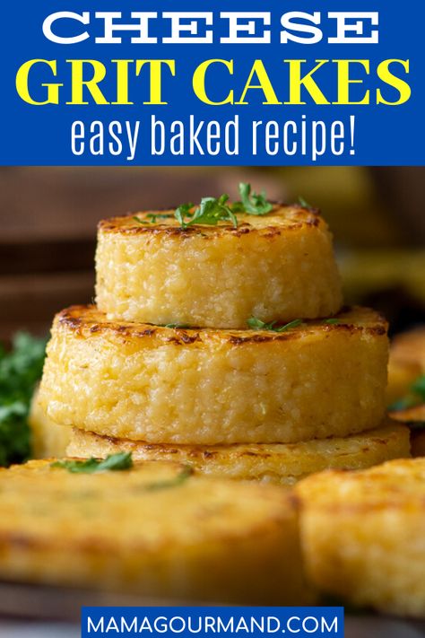 Shrimp And Grit Cakes Recipe, Grit Cakes Fried, Southern Grits Recipe, Grits Cakes, Grit Cakes Recipe, Baked Grits, Grits Recipes, Southern Grits, Grit Cakes