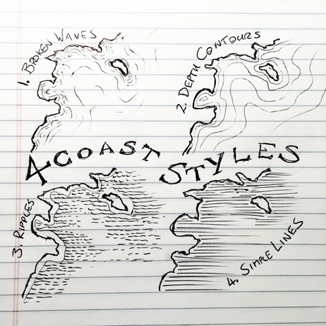 There are lots of ways to indicate water on a map with lines – and many more with tone or colour. Here are four I regularly use. 1. Broken Waves After you have your coastline, use short, gently curving lines along the shore. The lines should follow the shapes of the coast, but smooth out … Map Sketch, Fantasy Map Making, Fantasy World Map, Fantasy Maps, Drawn Map, Coast Style, Dungeon Maps, D D Maps, Fantasy Map