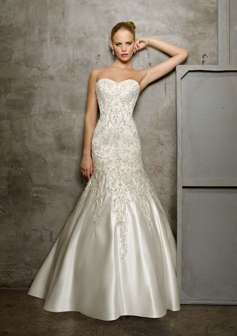 Wedding Dresses and Bridal Gowns by Morilee by Madeline Gardner. Intricate embroidery adorns the sweetheart bodice of this fit and flare Duchess Satin Dress. Wedding Dresses With Corset, Mori Lee Bridal, Badgley Mischka Bridal, Mori Lee Wedding Dress, Chapel Train Wedding Dress, Satin Bridal Gowns, Mori Lee, Applique Wedding Dress, Used Wedding Dresses