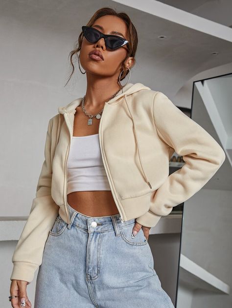 Free Returns ✓ Free Shipping On Orders $49+ ✓. Zipper Up Drawstring Crop Hoodie- Women Sweatshirts at SHEIN. Cropped Zip Up Hoodie Outfit, Zip Hoodie Outfit, Cropped Hoodie Outfit, Cropped Jacket Outfit, Zipper Outfit, Cropped Zip Up Hoodie, Women Sweatshirts, Sweatshirt Outfit, Crop Hoodie