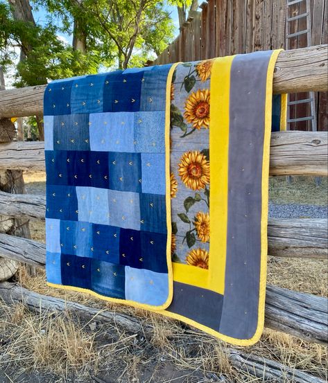 Hand tied heavy denim quilt. Made with repurposed denim jeans and soft plush fleece. So warm and heavy! #quilt #sunflower #denim #countrylife #practical Tying Quilts, Jean Quilt Ideas, Quilt Sunflower, Denim Blanket, Jean Quilts, Farmhouse Blankets, Jean Quilt, Farmhouse Quilts, Repurposed Denim