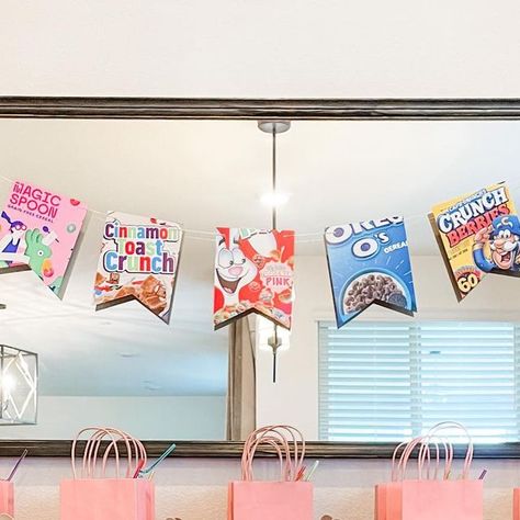 Cereal and Pajamas! Cereal Bar Birthday Party, Cereal Birthday Party Theme, Cereal Party Decorations, Cereal Themed Birthday Party, Cereal Party Ideas, Cereal Birthday Party, Cereal Themed Party, Pajama Party Cake, Cereal Bars Party