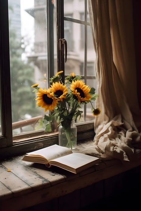 Window Photography Aesthetic, September Core Aesthetic, Books And Plants Aesthetic, Cozy Book Aesthetic, Sunflower In A Vase, Tranquility Aesthetic, Ambiance Aesthetic, Soothing Pictures, Sunflowers Aesthetic