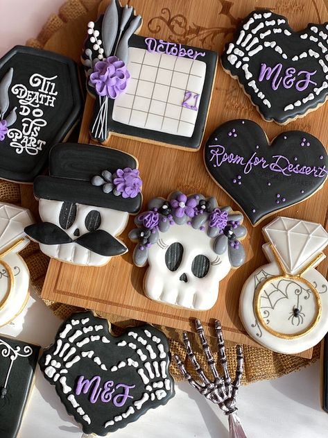 Welcome To The Dark Side We Have Cookies, Goth Wedding Cookies, Gothic Wedding Cookies, Halloween Wedding Cookies Decorated, Halloween Bridal Shower Cookies, Halloween Wedding Cookies, Halloween Bridal Shower Ideas, Piped Cookies, Rolled Cookies