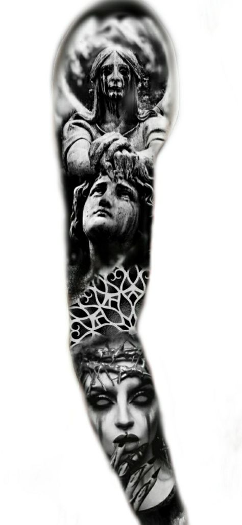 Full Body Tattoo Ideas For Men, Realism Tattoo Sleeve For Men, Gothic Full Sleeve Tattoos, Dark Angel Tattoo Men, Devil Tattoo Design, Evil Half Sleeve Tattoos, Devil Sleeve Tattoo, Realism Tattoo Design, Black And White Realism Tattoo Sleeve