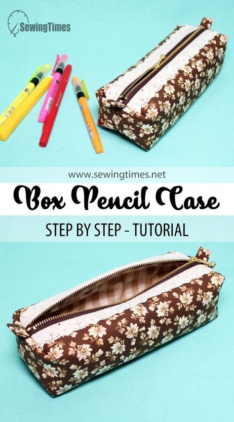 Box Pencil Case Sewing Pattern, Diy Box Pencil Case, Box Pencil Case Tutorial, Diy Box Pouch Tutorial, Boxy Pencil Pouch, Zippered Pencil Pouch Free Pattern, Box Pencil Case Pattern, Boxy Pencil Case Pattern, Pencil Cases Diy