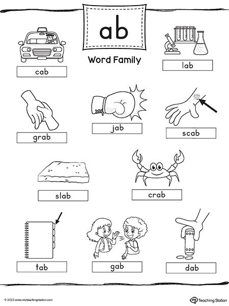 Ab Words Worksheet, Ab Words, Ab Word Family, Kindergarten Science Worksheets, Early Childhood Science, Alphabet Letter Hunt, Letter P Worksheets, Word Families Printables, Reading Exercises