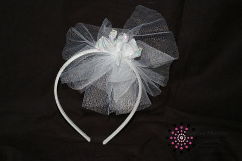 While tulle with white ribbon center bow on a headband.   (One size fits all) Puff Headband, Tulle Headband, Flower Girl Headband, Girl Crafts, Flower Girl Headbands, Tulle Flower Girl, Wedding Ribbon, Crafts For Girls, Bridal Headband