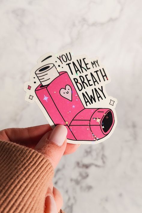 TAKE MY BREATH AWAY STICKER Introducing our "Inhaler Humor" Sticker - a witty and lighthearted addition to your collection! This sticker features a humorous design related to inhalers, perfect for adding a touch of laughter to your day. Crafted with high-quality vinyl, our sticker is durable and waterproof, making it suitable for indoor and outdoor use. Stick it on your laptop, water bottle, notebook, or anywhere else you want to share a laugh about respiratory health. Whether you're a respirato Trendy Sticker Ideas, Aesthetic Text Stickers, Fun Stickers Design, Water Bottle Stickers Ideas, Funny Water Bottle Quotes, Homemade Sticker Ideas, Cool Sticker Ideas, Vinyl Sticker Ideas, Water Bottle With Stickers