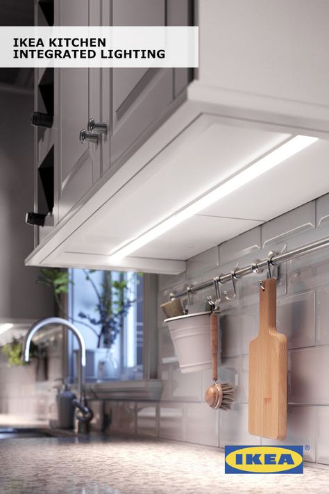 Late-night snacking just got easier with integrated kitchen lighting! The IKEA URSHULT lamp provides a small, focused beam of light, so you can spend time in your kitchen without turning on all the lights. Click to see more integrated lighting ideas! Apartment Kitchens, Integrated Kitchen, Integrated Lighting, Storage Wall, Design Remodel, Kitchen Redo, Ikea Kitchen, Unique Kitchen, Storage Design