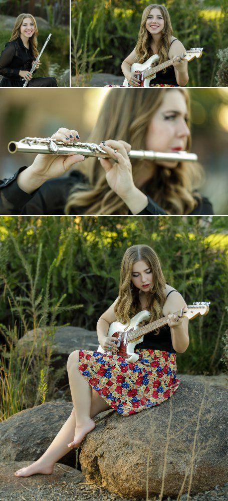 teen girl playing flute and guitar during her senior portrait session Senior Pictures With Guitar, Photos With Guitar, Arizona Senior Pictures, Band Senior Pictures, Queen Creek Arizona, Senior Pictures Music, Outdoor Graduation, Senior Portraits Girl, Unique Senior Pictures