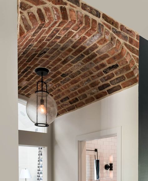 Hall ceiling detailing - Brick ceiling - Crisp Architects Brick Ceiling Design, Arched Brick Ceiling, Brick On Ceiling, Brick Ceiling Kitchen, Brick Interior Archway, Brick Barrel Ceiling, Brick Doorway Interior, Brick Arches Interior, Brick Ceiling Ideas