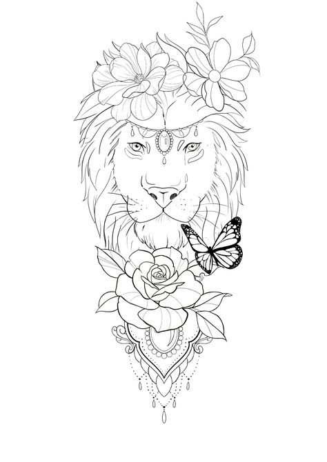 Lion Flowers Design, Floral Lioness Tattoo For Women, Lion And Rose Tattoo Stencil, Lion With Flowers Tattoo For Women, Lion Flower Tattoo Design, Lion Tattoo Stencil, Lion And Rose Tattoo, Lion Tattoo With Flowers, Butterfly Mandala Tattoo