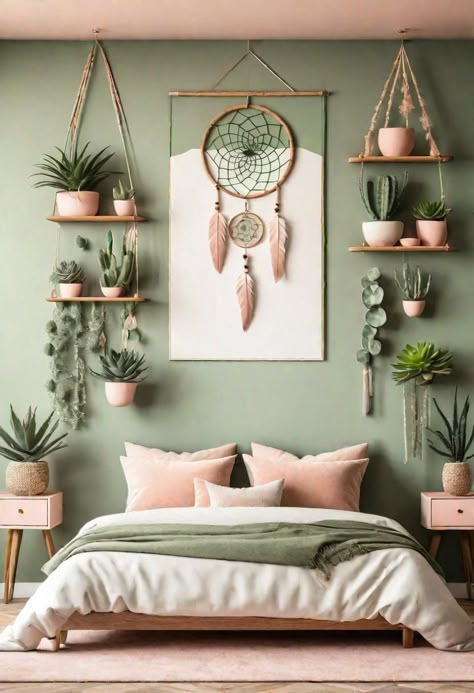 Girls Bedroom Green, Sage Bedroom, Blush Bedroom, Sage Green Bedroom, Boho Style Bedroom, Green Walls, Bohemian Bedroom Decor, Boho Bedroom Decor, Boho Room