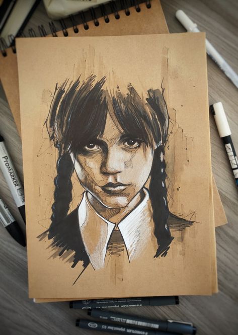 Wednesday Art Drawing, Kraft Paper Drawing, Tim Burton Wednesday, Wednesday Painting, Drawing Wednesday, Wednesday Drawing, Kraft Paper Art, Wednesday Art, Hunter Doohan