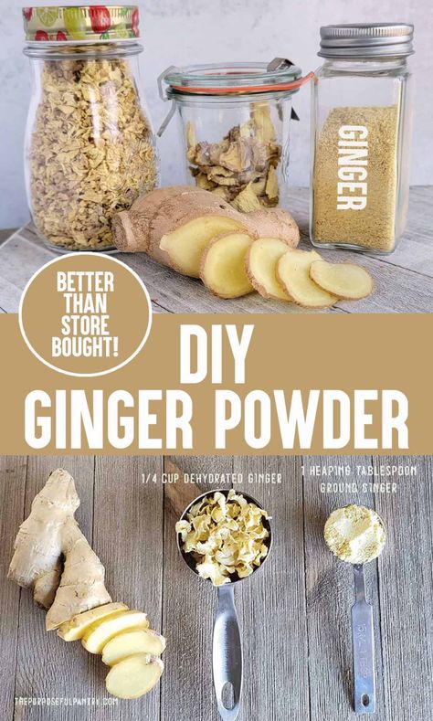 DIY Ginger powder and never buy another bottle of ginger powder, EVER!  Learn how to dehydrate ginger and make your own ginger powder that is so much better than storebought! Dehydrate Ginger, Dehydrated Herbs, Purposeful Pantry, Storing Fresh Ginger, How To Store Ginger, 2024 Health, Dehydrating Food Storage, Dehydrating Recipes, Food Dehydration