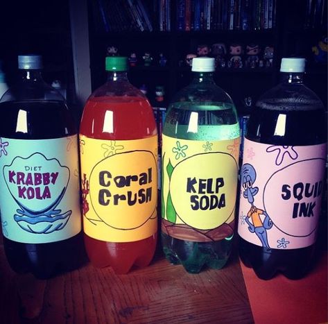 Spongebob Soda Labels! Spongebob Gifts For Adults, Crabypaty Spongebob, Spongebob Jellyfish Balloons, Spongebob Birthday Party Food Labels, Kelp Soda Spongebob, Spongebob Themed Snacks, Spongebob 6th Birthday, Spongebob Alcoholic Drinks, Spongebob Table Decorations