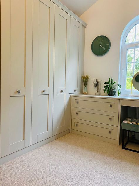 Small Room Fitted Wardrobes, Box Room Wardrobe Walk In, Howdens Fitted Wardrobes, Small Bedroom Fitted Wardrobes, Small Box Room Dressing Room Ideas, Box Room Dressing Room, Scandi Dressing Room, Fitted Wardrobe And Dressing Table, Cottage Dressing Room