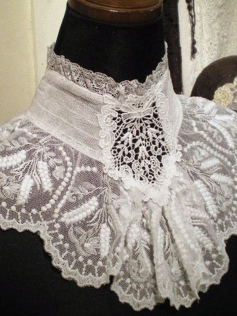 Would be easy to do as a restyle..use a shirt cuff for the side and then add old laces for the lower ruffle and an old coaster size doily for the center decoration Diy Lace Collar, Lace Outfit, Victorian Clothing, Shirt Cuff, Pearl And Lace, Linens And Lace, Historical Costume, Antique Lace, Moda Vintage