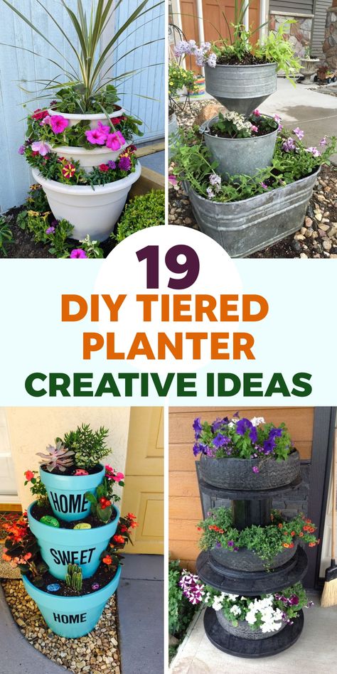 Elevate your gardening game with creative tiered planter concepts that bring sophistication to your outdoor area. Craft a tiered planter ensemble by stacking terracotta pots in varying sizes, starting with the largest at the base. Add soil to each pot and cultivate blooming flowers, trailing plants, or easy-to-care-for succulents. For a unique twist, upcycle old furniture like ladders or drawers to fashion a quirky tiered display. Tiered Planter Ideas, Diy Tiered Planter, Tiered Planter, Planter Ideas, Old Furniture, Terracotta Pots, Outdoor Area, Soil, Easy Diy