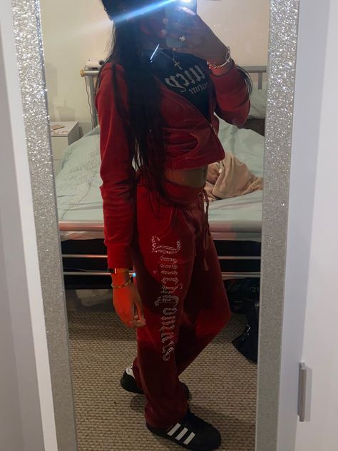 Juicy Couture Track Suit Outfits, Juicy Couture Tracksuit Outfit, Juicy Tracksuit Outfit, Red Juicy Couture Tracksuit, Superstars Outfit, Red Juicy Couture, Track Suit Outfit, Juicy Couture Track Suit, Zipper Hoodie Women