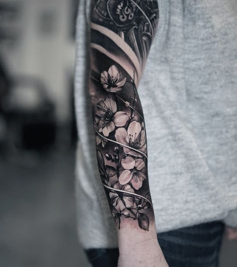 Men’s Floral Sleeve Tattoo, Flower Tattoo Men Arm, Realism Tattoos For Women, Flower Sleeve Tattoo Men, Mens Flower Sleeve Tattoo, Floral Tattoo Design Men, Mens Floral Tattoo, Mens Flower Tattoo, Forearm Tattoos For Guys