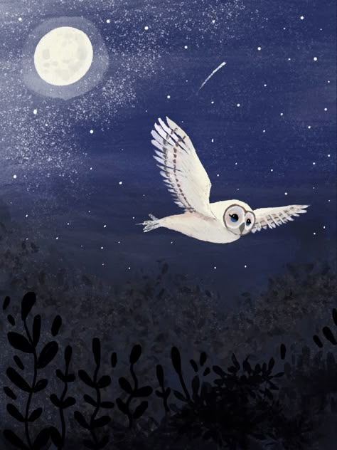 Owl Mural Art, Night Owl Illustration, Flying Owl Illustration, Stars Illustration Art, Landscape Pencil Sketch, Night Scenery Drawing, Owl Illustration Art, Owl Mural, Owl At Night