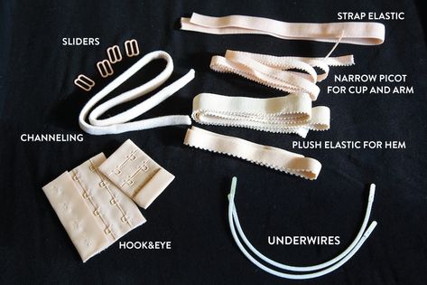 Materials checklist and descriptions for bra-making.Continue Reading... Pola Bra, Bra Making Supplies, Sewing Bras, Bra Sewing Pattern, Projek Menjahit, Old Bras, Diy Bra, Lingerie Patterns, Bra Sewing