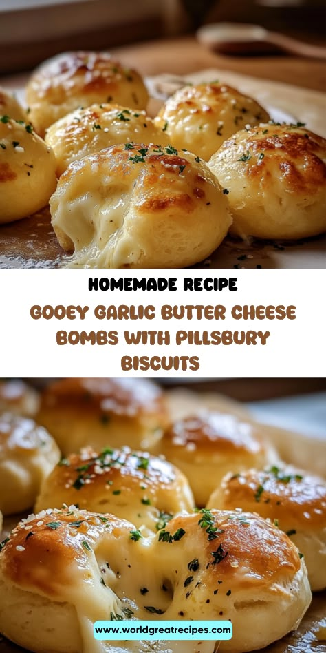 Elevate your snack game with these irresistible Garlic Butter Cheese Bombs made with Pillsbury biscuits! Perfectly golden and bursting with cheesy goodness, each bite is drizzled with a rich garlic butter blend that adds an explosion of flavor. These delicious bombs are not just appetizers; they’re the ideal party snack that everyone will love! Quick and easy to make, they’re sure to impress your family and friends. Enjoy the cheesy, buttery goodness today! Biscuit Dough Appetizers, Garlic Cheese Biscuits, Pillsbury Biscuit Recipes, Garlic Cheddar Biscuits, Adult Snacks, Garlic Cheddar, Homemade Garlic Butter, Cheesy Biscuit, Pillsbury Biscuits