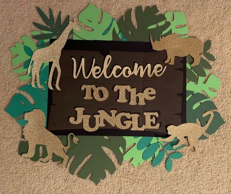 Jungle Welcome Sign, Welcome To The Jungle Theme Party, Cricut Jungle Theme, Welcome To The Jungle Sign, Welcome To The Jungle Theme, Jungle Theme Decorations, Baby Safari Nursery, Jungle Theme Classroom, Jungle Decorations