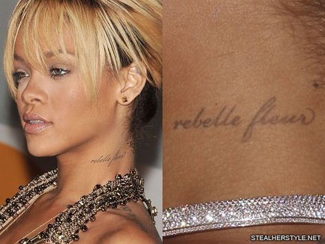 Rihanna's Tattoos & Meanings | Steal Her Style Rhianna Tattoo Neck, Rihanna Neck Tattoo, Rhianna Tattoos, Back Of Hand Tattoos, Rihanna Tattoo, Lil Debbie, Dance Tattoo, Rosé Back, Cursive Tattoos