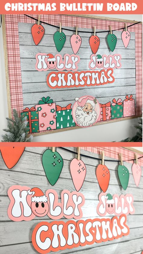 Decorate your classroom for Christmas with this boho, retro bulletin board kit! Create a beautiful Pinkmas bulletin board or classroom display with Christmas smiley faces for the holidays. These printable groovy, cute designs include ideas for a retro Santa, presents, phrases, bunting, borders and editable student names Retro Christmas Classroom, Boho Christmas Classroom, Classroom Christmas Decor Ideas, Christmas Soft Board Decoration, Retro Bulletin Board Ideas, Retro Bulletin Board, Christmas Board Decoration, Christmas Bulletin Board Ideas, Classroom Vibes