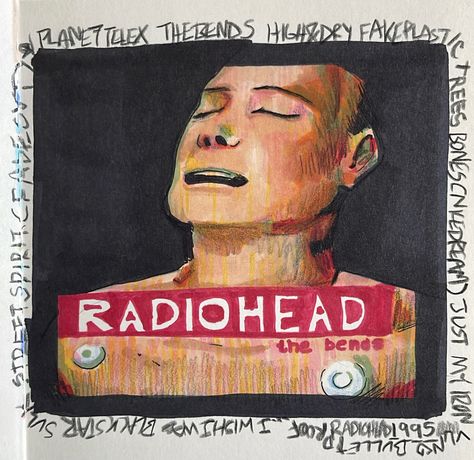 Photo shows a sketchy redrawing of the album cover “The Bends” by Radiohead, which has a close up of a dummy with a red bar containing white text that says “Radiohead” and “the bends”. This is a small sketchy recreation with the titles of each song bordering the drawing. Radiohead Sketch, Radiohead Drawing, Drawing Copic Markers, Radiohead Art, Radiohead The Bends, The Bends, Radiohead, Small Art, Copic Markers