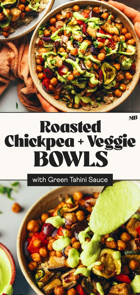 Mediterranean-inspired bowls with spicy chickpeas, roasted veggies, optional grains, and an herby green tahini sauce. A nourishing, plant-based meal with just 10 ingredients! Green Tahini Sauce, Chickpeas Roasted, Spicy Chickpeas, Green Tahini, Fresh Vegetable Recipes, Veggie Bowls, Roasted Chickpea, Spiced Chickpeas, Minimalist Baker