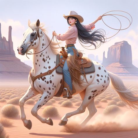 masterpiece, a beautiful cowgirl rides a spotted Appaloosa horse galloping through Monument Valley, swings a lasso and chases a wild horse, very detailed, delicate pastel tones Spotted Appaloosa, Girl Riding Horse, Spotted Horse, Fire Icons, Tone Face, Appaloosa Horse, Horse Galloping, Cowboy Girl, Riding Horse