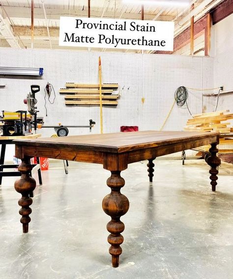 Carolina Leg Company Table, Turned Leg Dining Table Modern, Table Legs Ideas Wooden Diy, Turned Leg Dining Table, Havenly Dining Room, Furniture Build, Turned Table Legs, Provincial Stain, Saw Dust