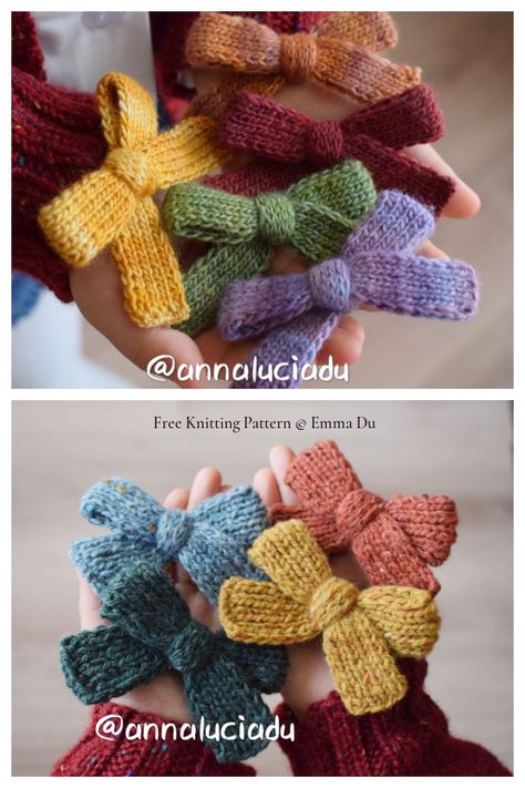 Cute and Easy Hair Bow Knitting Patterns: Free and Paid Knitted Keyring Free Pattern, Free Small Knitting Patterns, Cute Small Knitting Projects, Short Knitting Projects, Bookmark Knitting Pattern Free, Knitted Bow Pattern, Knit Hair Bow Free Pattern, Disney Knitting Patterns Free, Trending Knitting Projects