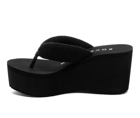 Women's Platform Flip Flop, Black Platform Sandal, Black Puffy Straps, Black Terrycloth thong tube strap, EVA Platform Bottom for Extra Comfort. Terry Cloth Cotton upper, Slip on entry,3\ platform, Round open toe with thong post, EVA footbed, EVA outsole | Women's Rocket Dog Crushpuff Platform Flip Flops Sandals in Black Size 7 Platform Flip Flops Y2k, Platform Wedge Sandals Outfit, 2000s Platform Sandals, Y2k Flip Flops, Foam Platform Sandals, Black Platform Flip Flops, Y2k Platform Sandals, Black Wedges Sandals, Chunky Flip Flops