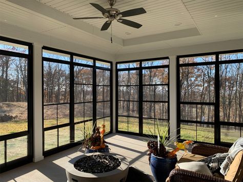 Vinyl Pane Windows Gallery - Sunroom Solutions Black Windows Sunroom, 3 Season Porch Ideas Sunroom, Enclosed Patio Ideas Sunroom, Basement Sunroom, Sunroom Window Ideas, 3 Season Porch Ideas, 4 Season Sunroom Ideas, Enclosed Sunroom, Enclosed Patio Ideas