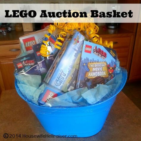 LEGO basket Lego Gift Basket Ideas, Lego Basket Ideas, School Auction Baskets, Tricky Tray Baskets, Silent Auction Gift Basket Ideas, Raffle Gift Basket Ideas, Silent Auction Basket, Basket Raffle, Lego Gift