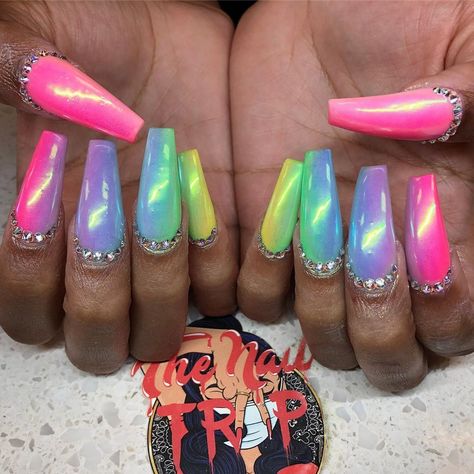 Bright Glitter Nails Summer, Bright Glitter Nails, Rainbow Nails Design, Bright Nails, Jelly Nails, Nails Summer, Rainbow Nails, Luxury Nails, Coffin Nails Designs