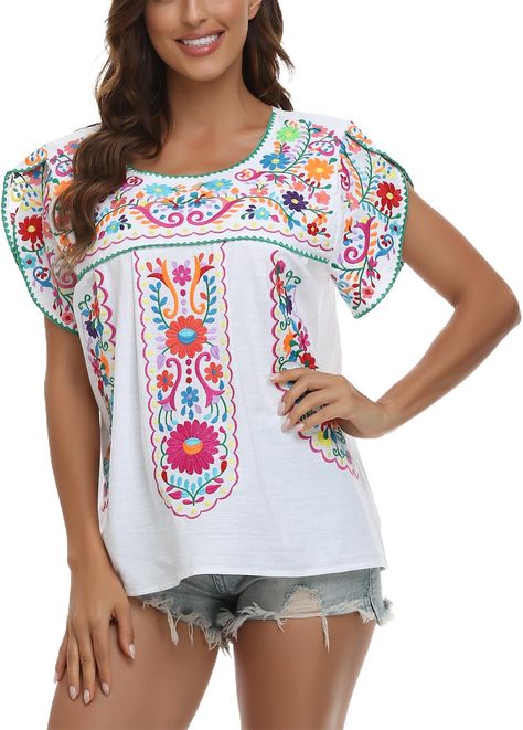 PRICES MAY VARY. FLOWY FASHION: Lightweight 100% cotton blouse features beautiful floral embroidery along the petal sleelve and hem for a gorgeous bohemian look. BREEZY STYLE: Features a loose, relaxed fit perfect for hot summer days with its crew neck and airy cotton fabric that won't overheat. VIVID COLORS: Bright pops of red, yellow, green and orange bring the colors of Mexico to life in this traditional embroidered design. VERSATILE TOP: Pair with jeans, shorts or a skirt for laidback style Mexican Clothes Women, Mexican Women Fashion, Multicolor Folk Embroidered Top For Beach, Folk Style Multicolor Embroidered Top For Fiesta, Embroidered Folk Style Tops For Fiesta, Mexican Tops, Folk Style Embroidered Tops For Fiesta, Spring Fiesta Embroidered Blouse, Flowy Fashion