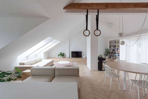 Attic Apartment by Kilo Honč Attic House, Attic Flooring, Bratislava Slovakia, Multifunctional Space, Luxury Closets Design, Attic Apartment, Attic Bedrooms, Attic Spaces, Attic Bedroom