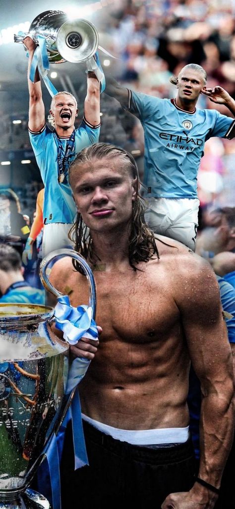 Haaland wallpaper of Him lifting the UEFA champions league Trophy after Manchester city wins against inter Milan in UCL 2023 and also the main picture of Manchester City parade with Haaland shirtless showing his abs Football Wallpaper Haaland, Mancity Champions League, Mancity Wallpapers 2023, Haaland Manchester City Wallpaper, Haaland Wallpaper Man City, Uefa Champions League Trophy, Man City Squad, Man City Wallpaper, Haaland Wallpaper