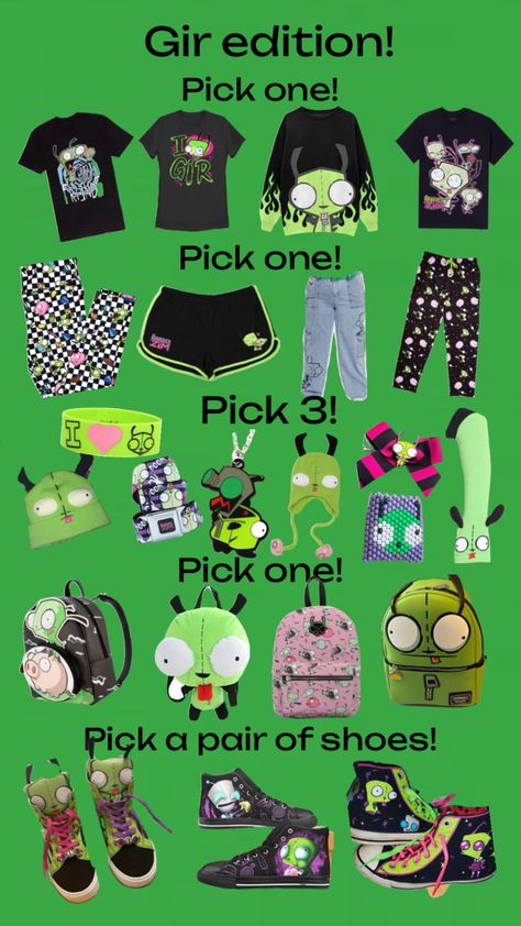 Gir edition! :33 #Invaderzim #gir #silly #pickone #clothes #giriscute Scene Outfits Aesthetic, Scenecore Clothes, Scenecore Outfit, The Scene Aesthetic, Scene Kandi, Sally Man, Kawaii Outfit Ideas, Scene Core, Scene Drawing