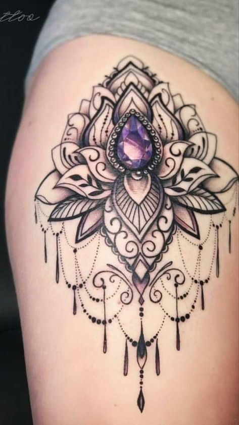 Lace Jewel Tattoo, Thigh Tattoos Women Mandala, Gem Tattoos For Women, Jewel Tattoos For Women, Jewelry Tattoos For Women, Jewel Tattoo Gem, Gem Tattoo Design, Hip Thigh Tattoos Women, Jewerly Tattoo