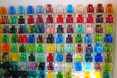 Church Merch, Colorful Glassware, Horror Vacui, Georgia House, Colored Glass Bottles, Thrift Flips, Blenko Glass, Bottle Collection, Perfume Bottle Art