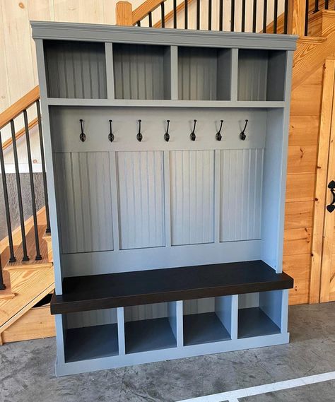 Mudroom locker perfect for any Entryway Hall Sizing and colors can be custom Units come In heights either 80" tall or 84" unless custom request . Units ships ready made in two ready made sections. Unit comes standard painted white with a red oak bench top stained Khona . Please note colors can be custom . Diy Hall Tree With Shoe Storage, Mudroom Shelves, Modern Farmhouse Mudroom, Mudroom Locker, Hall Tree Entryway, Shoe Storage Mudroom, Mudroom Cubbies, Townhouse Ideas, Mudroom Remodel