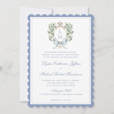 The elegant watercolor monogram crest gives this wedding invitation a beautiful and timeless look that any sophisticated bride will love.   Personalize this invitation with your initials inside the crest on front and back.  Colors include, light blue, green, golden yellow and tan.  If you have any questions or need help customizing this invitation, please reach out. I'm happy to help. Blue And Green Invitations, Blue Green Wedding Colors, Cape Cod Wedding Invitations, Planning 2023, Crest Invitation, Blue Green Wedding, Crest Monogram, Watercolor Monogram, 2025 Wedding